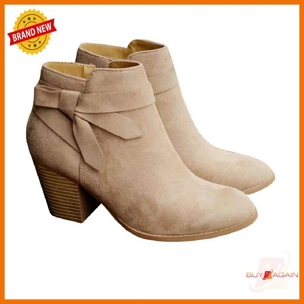 Women's Ankle Booties with Stacked Heel, Side Zipper, and Strappy Bow Tie